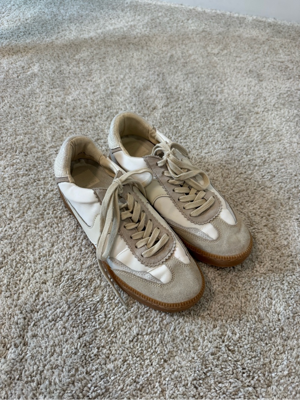 Dolce Vita Beige and White Suede-Trim Lace-Up Sneakers